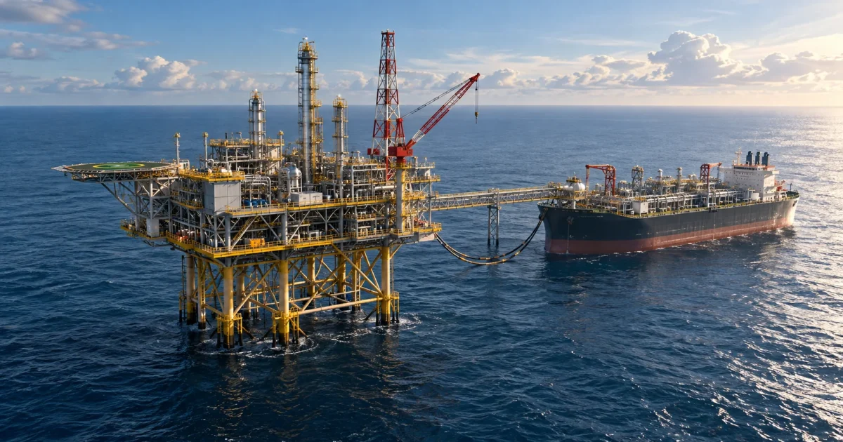 Conceptual illustration of an offshore production platform and floating storage vessel; not the actual Ande-Ande Lumut facilities
