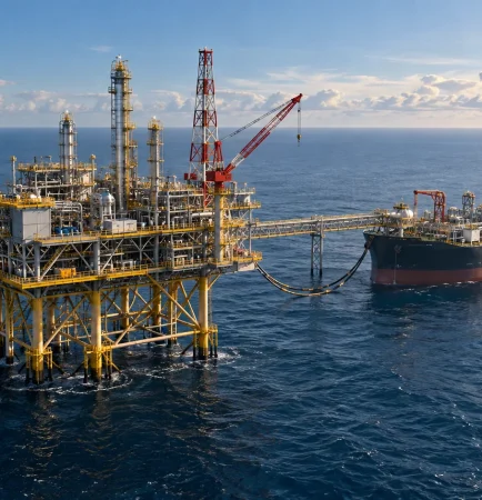 Conceptual illustration of an offshore production platform and floating storage vessel; not the actual Ande-Ande Lumut facilities