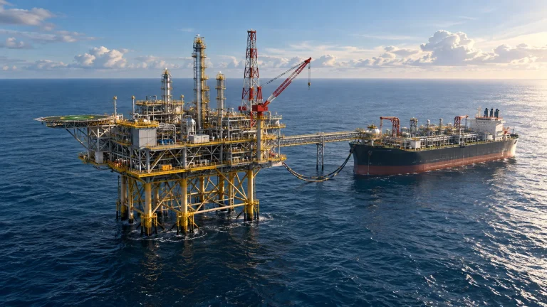 Conceptual illustration of an offshore production platform and floating storage vessel; not the actual Ande-Ande Lumut facilities