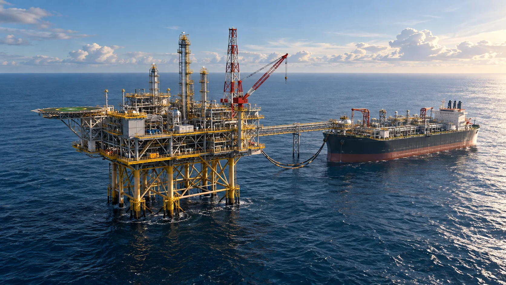 Conceptual illustration of an offshore production platform and floating storage vessel; not the actual Ande-Ande Lumut facilities