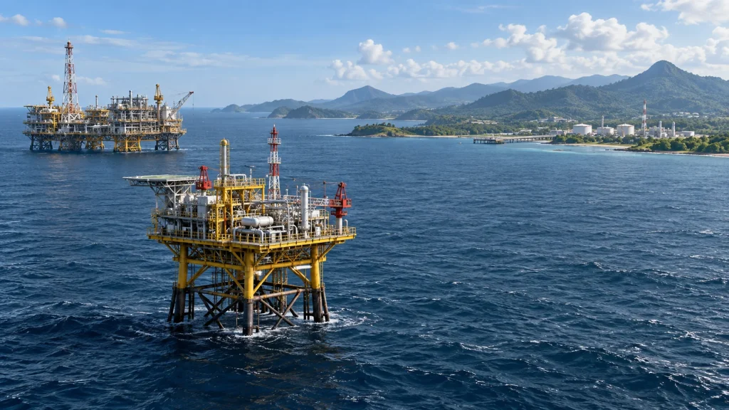 Conceptual illustration of offshore gas platforms and a coastal receiving facility; not the actual Bukit Panjang project