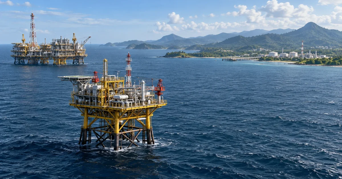 Conceptual illustration of offshore gas platforms and a coastal receiving facility; not the actual Bukit Panjang project