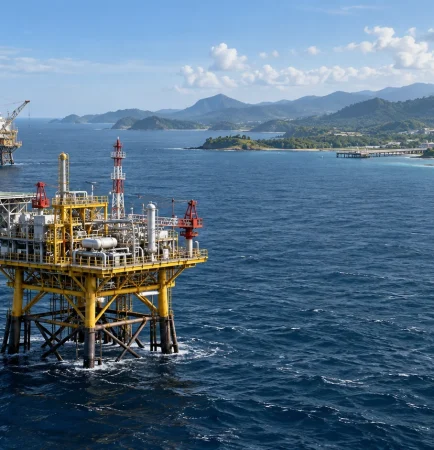 Conceptual illustration of offshore gas platforms and a coastal receiving facility; not the actual Bukit Panjang project