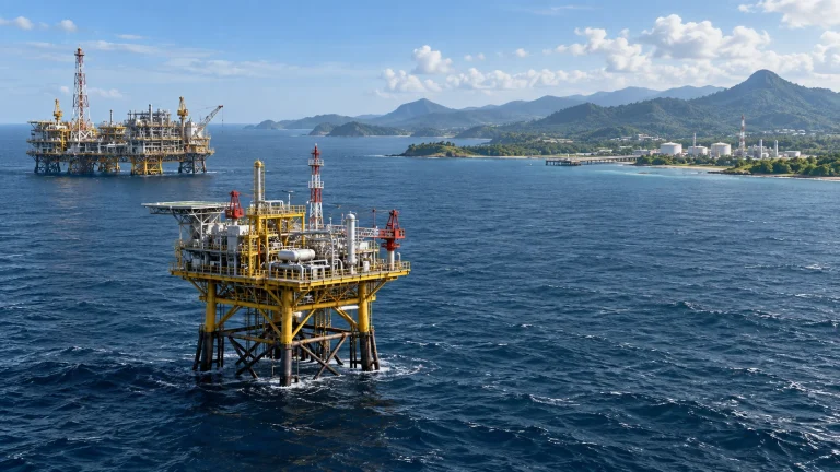 Conceptual illustration of offshore gas platforms and a coastal receiving facility; not the actual Bukit Panjang project