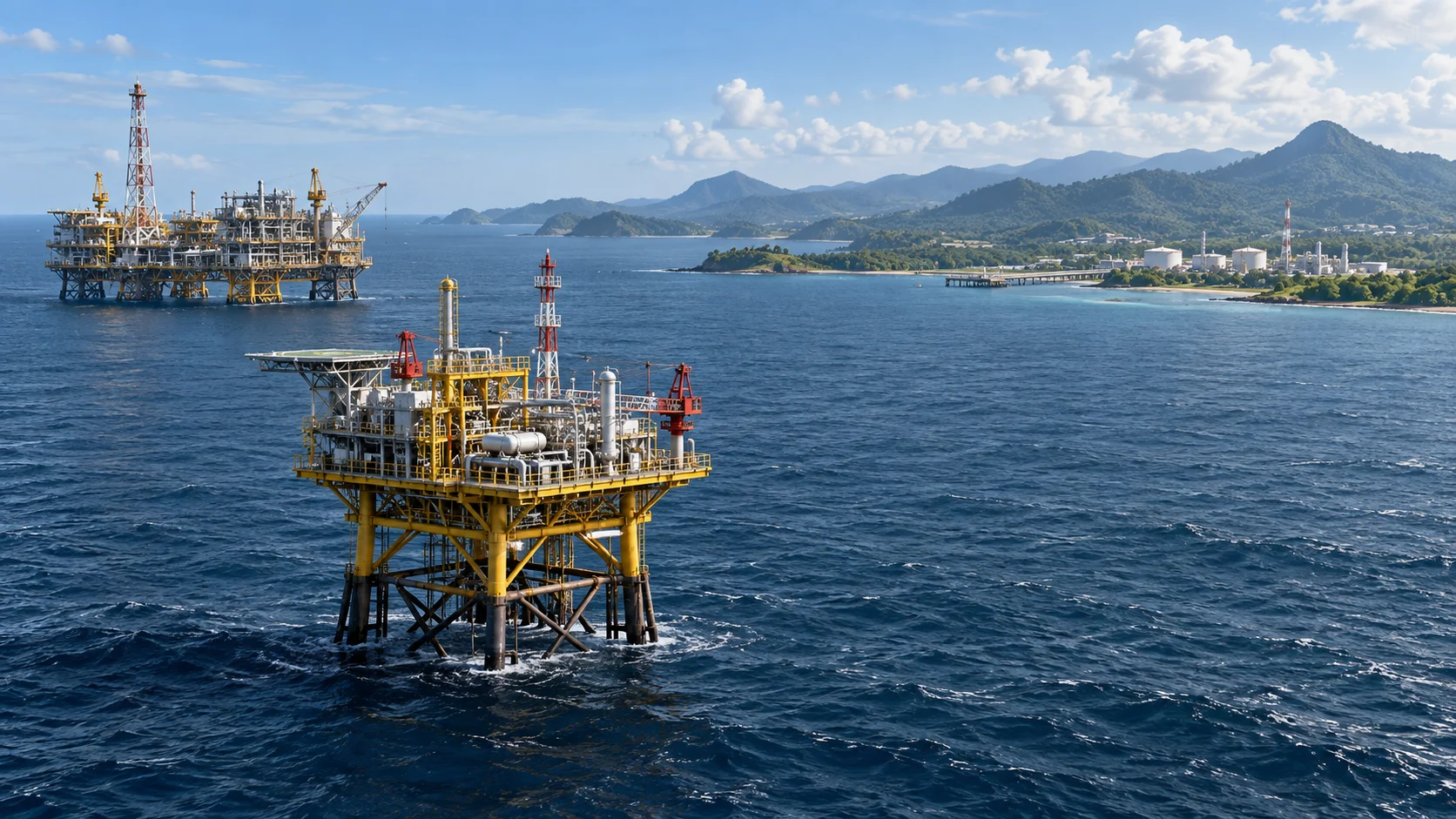Conceptual illustration of offshore gas platforms and a coastal receiving facility; not the actual Bukit Panjang project