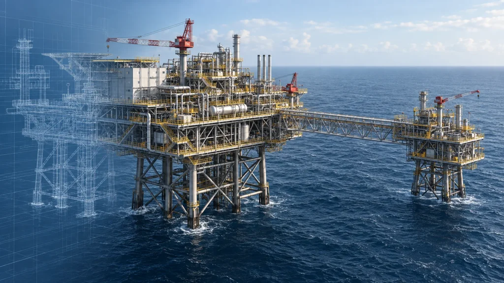 Conceptual engineering illustration of connected offshore processing and wellhead platforms; not the actual Hidayah facilities