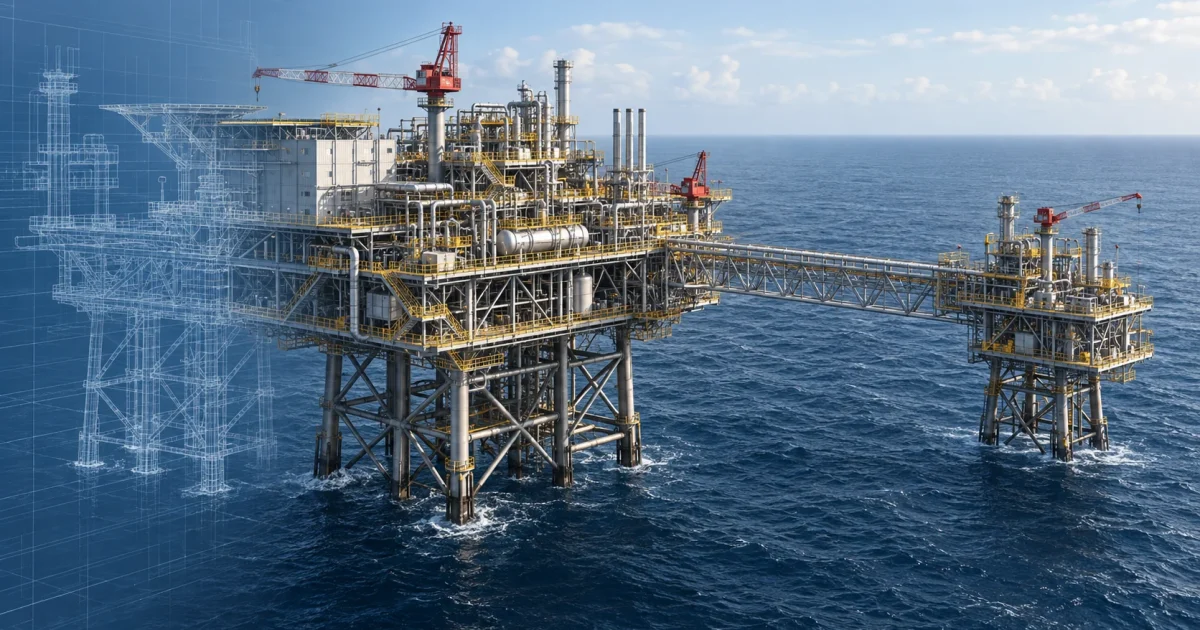 Conceptual engineering illustration of connected offshore processing and wellhead platforms; not the actual Hidayah facilities