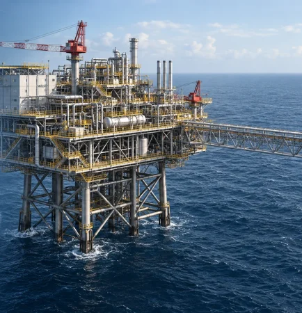 Conceptual engineering illustration of connected offshore processing and wellhead platforms; not the actual Hidayah facilities