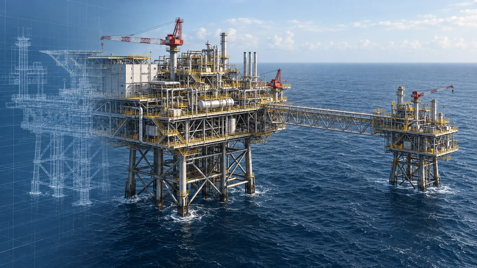 Conceptual engineering illustration of connected offshore processing and wellhead platforms; not the actual Hidayah facilities